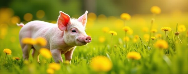 Pink pig amidst vibrant yellow wildflowers, sunny day, vibrant, sunny, joyful