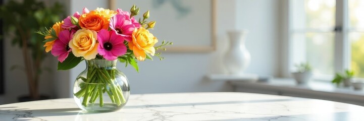Fototapeta premium Polished marble tabletop, colorful flower bouquet in glass vase , flowers, shadow