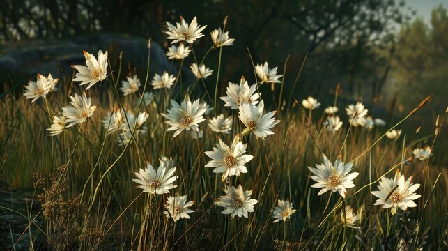 Delicate white Ozothamnus flowers elegantly sway among lush green grass in a serene garden setting, illuminated by soft morning light.