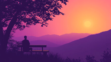 Silhouette of person on bench watching vibrant sunset over hills