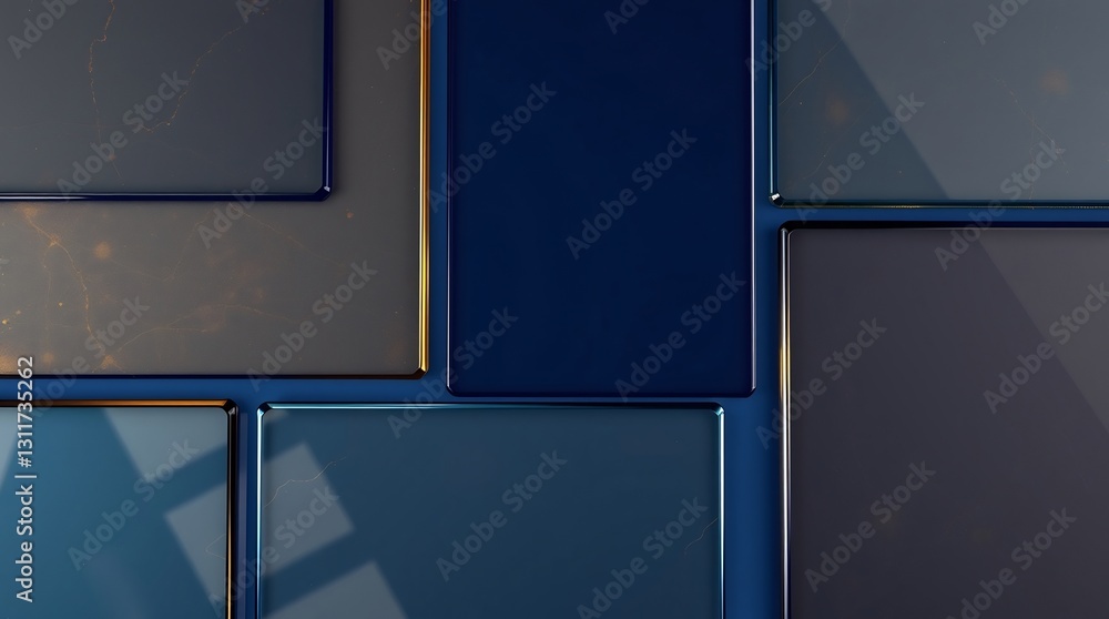 Poster modern geometric abstract background with blue and gray metallic-looking panels arranged in a grid. 