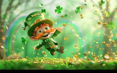 Vibrant St. Patrick’s Day digital illustration featuring a happy leprechaun jumping with a pot of gold, shamrocks falling from the sky, detailed 3D rendering with cinematic lighting and sharp focu