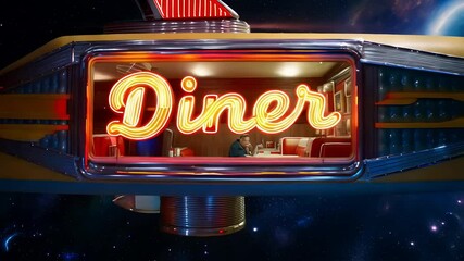 Space-themed diner with neon signs and retro design in a cosmic setting - Powered by Adobe