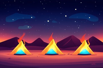 Campfires burn under starry sky at sunset landscape scene