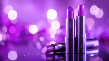 Shimmering purple lipstick on reflective surface with bokeh background