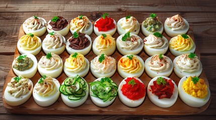 Colorful deviled eggs assortment with various toppings arranged neatly on a wooden board surrounded by green parsley on a rustic wooden background.