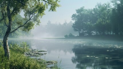 Naklejka premium Tranquil lake scene with calm blue waters reflecting green trees and misty surroundings, serene nature escape at dawn with subtle light.