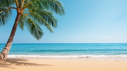 Fototapeta premium Serene tropical beach with clear blue water, gentle waves, and a palm tree under a sunny sky. Perfect for a peaceful getaway in nature's paradise.