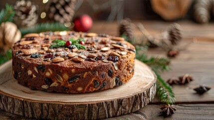 Traditional Dundee cake with dried fruits and almonds on wooden slice surrounded by pine cones and festive decor in warm rustic tones
