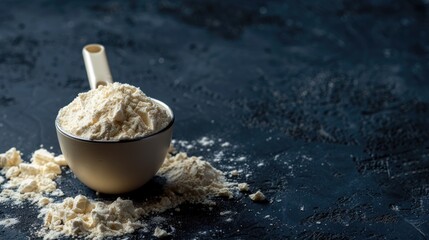 Vanilla whey protein powder in a white measuring scoop on dark textured background with scattered powder and empty space for text