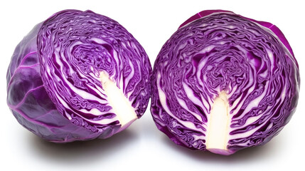 Fototapeta premium Fresh purple cabbage halves with detailed texture on white background