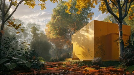 Modern yellow structure amidst lush autumn foliage, warm sunlight filtering through trees, vibrant orange and green leaves covering the ground.