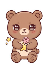 Fototapeta premium Cute cartoon bear holding a lollipop and star isolated on white or transparent png background