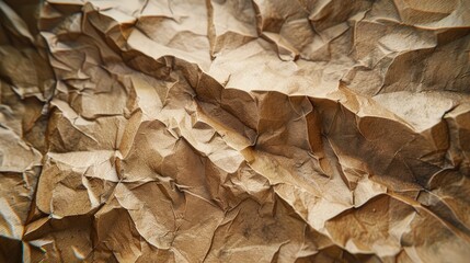 Wrinkled brown paper texture showcasing intricate folds and shadows in warm hues, with light reflecting in varying depths across the surface.