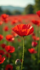 Obraz premium Single red flower, slightly larger than surrounding blooms, in expansive red flower field , crimson, red, background