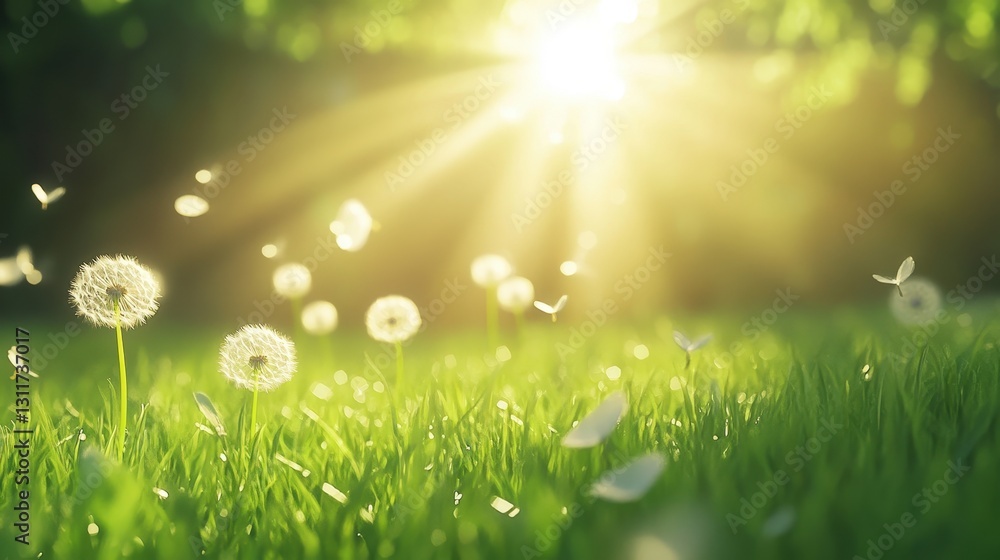 Poster a serene scene featuring dandelions illuminated by sunlight, creating a tranquil atmosphere in a gra