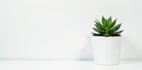 Fototapeta premium Small succulent in white pot against white wall , modern, light, desk decor