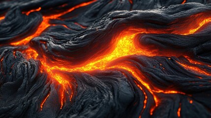 Vivid orange-black layered lava texture; fiery surface contrasts with deep, shadowy depths in this mesmerizing close-up