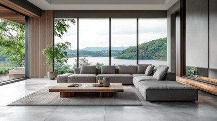 Fototapeta premium Modern living room with lake view (2)