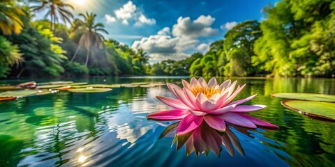 Vibrant Water Lily Blooming on Rio Dulce, Livingston, Guatemala