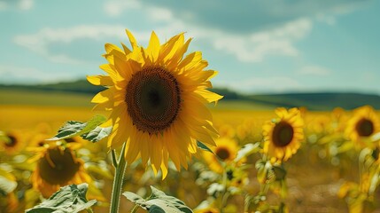 Bright sunflower in sharp focus with yellow petals in foreground, green leaves below, blurred field of sunflowers and blue sky in background.
