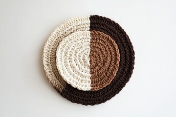 Three crocheted cotton coasters in beige brown and dark brown shades arranged in a circle