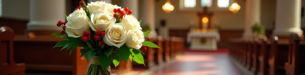 Obraz premium Stunning white rose & red berry bouquet, church setting, roses, berries