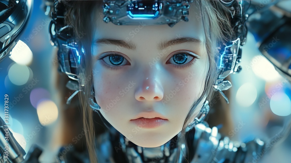 Poster a close-up portrait of a young female android with expressive eyes and intricate robotic components.