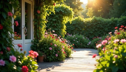 Obraz premium Sun-drenched patio, blooming garden, charming wooden path , natural, wooden