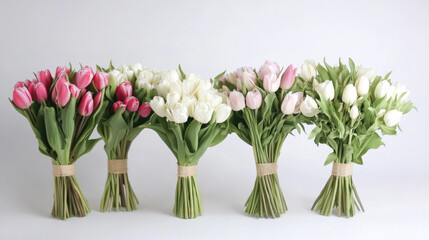 Fototapeta premium Elegant bouquets of pink and white tulips arranged for a minimalistic display