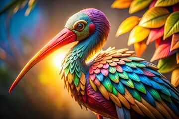 Fototapeta premium Vibrant Wooden Stork Sculpture with Multicolored Feathers - Drone Aerial View