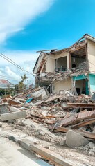 Fototapeta premium Devastation of a home post earthquake, highlighting debris and the effects of natural disasters