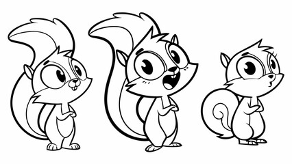 Adorable Skunk Characters in Black and White Outline, Cute Cartoon Animal Posing, Playful Expressions and Funny Gesture