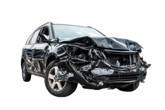 a severely damaged black suv with crumpled bodywork and a crushed front end. suggesting it has been involved in a serious accident the stark white background emphasizes the extent of the damage discus