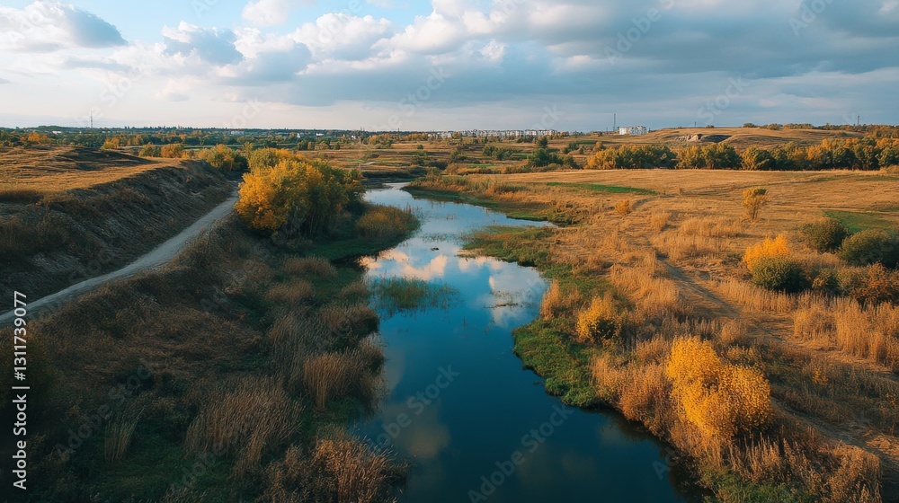 Poster a peaceful countryside scene featuring a winding river flowing through a wide open landscape. the wa