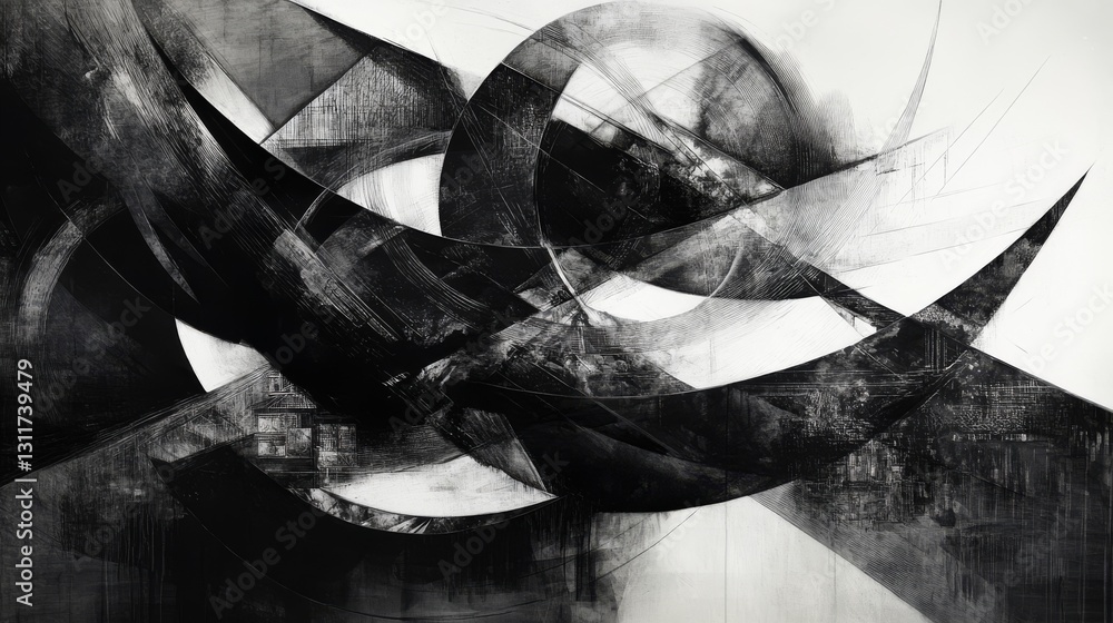 Poster dynamic abstract artwork in black and white, featuring sharp angles and swirling geometric shapes. t
