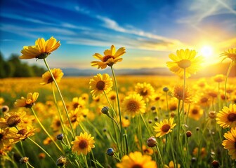 Fototapeta premium Vibrant Yellow Flowers Blooming in Summer Meadow, Copy Space Right