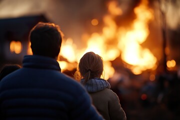 A family watches from a distance as flames engulf their home, silhouetted against the warm glow of fire. Their expressions reveal pain and loss in this heart-wrenching moment