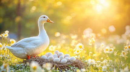 Obraz premium White duck guarding eggs in meadow at sunrise