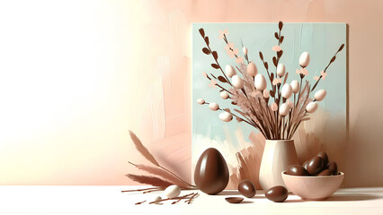 Easter chocolate egg, flowers in vase art background with neutral color. Blush pink, turquoise teal and brown. Easter holiday, Easter theme, elegant. Facebook, Instagram, TikTok and Social Media post