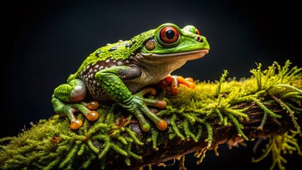 Obraz premium Vietnamese Mossy Frog on Branch - Isolated Black Background Stock Photo
