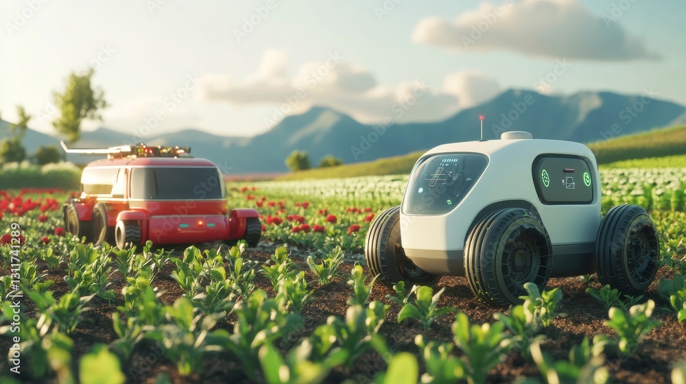 Poster advanced autonomous robots are shown tending to crops in a lush, green field, with mountains in the 
