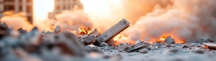 An urban area lies in ruin, with smoke billowing from the remains of a burnt building. Debris is scattered across the ground, illuminated by warm golden light creating a dramatic atmosphere