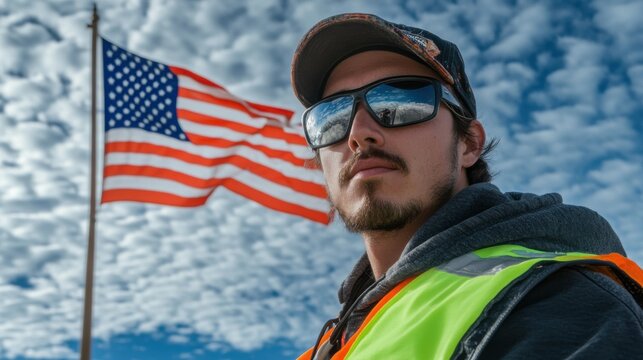 Close-up photo of a 30 year old American construction worker wearing a high-visibility vest. facing camera, with sky clouds background with American flag waving in background - Powered by Adobe