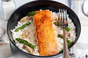 seasoned baked salmon  on white rice