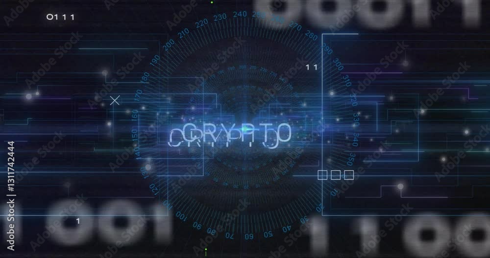 Poster displaying animation, digital interface showing crypto with futuristic graphics and data