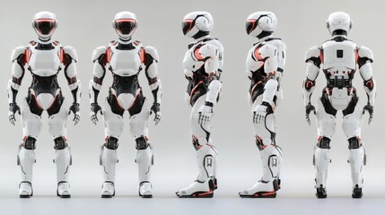 Fototapeta premium Multiple angles of sleek humanoid robots are shown in full-body view, featuring red and white designs. These futuristic robots represent advanced artificial intelligence and cutting-edge robotics.. AI
