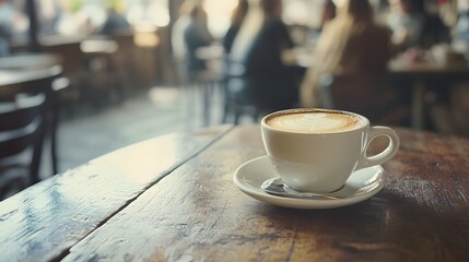 Obraz premium Cup of hot coffee on table in cafe with people. 