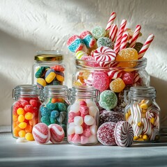 Colorful assorted candies in glass jars with sunlight