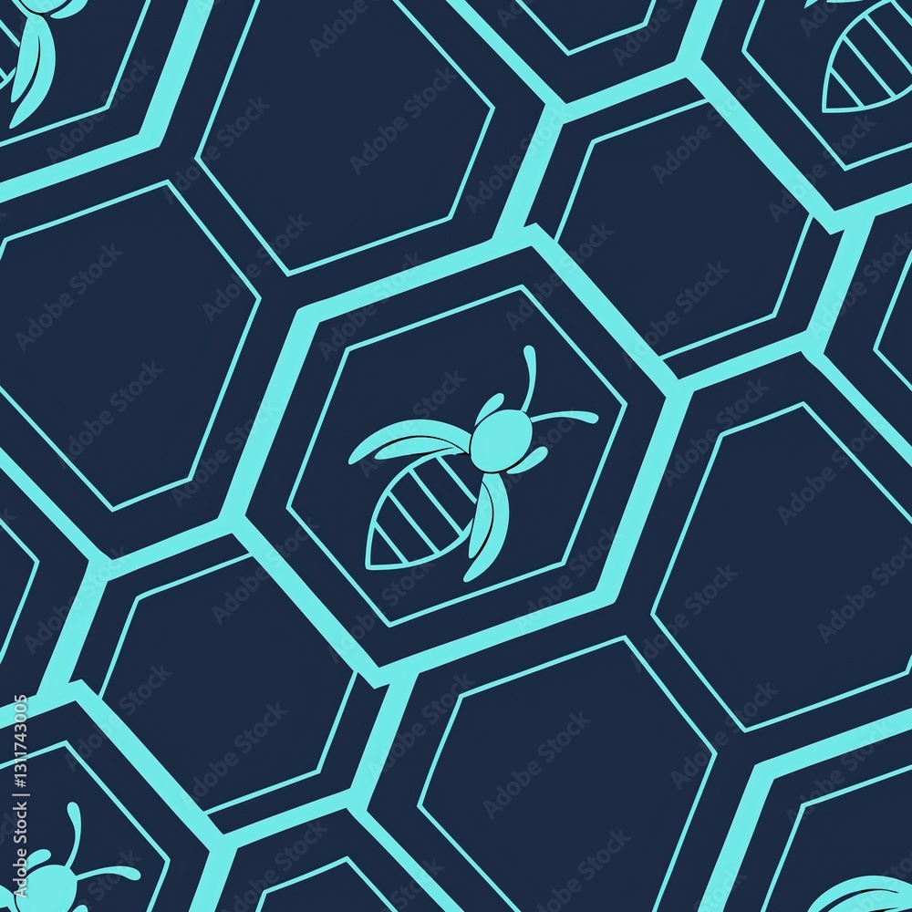 Poster hexagonal pattern with bees on a dark background